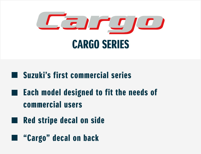 CARGO SERIES ■Suzuki’s first commercial series ■Each model designed to fit the needs of commercial users ■Red stripe decal on side ■“Cargo” decal on back